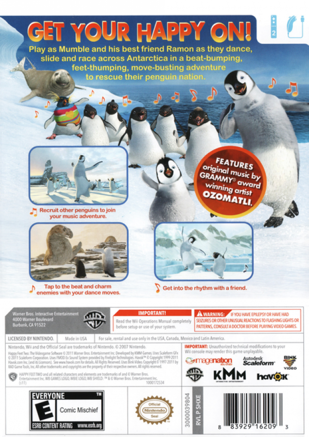 Happy Feet Two – Nintendo Wii (Wii) family-friendly rhythm adventure back of case for video game