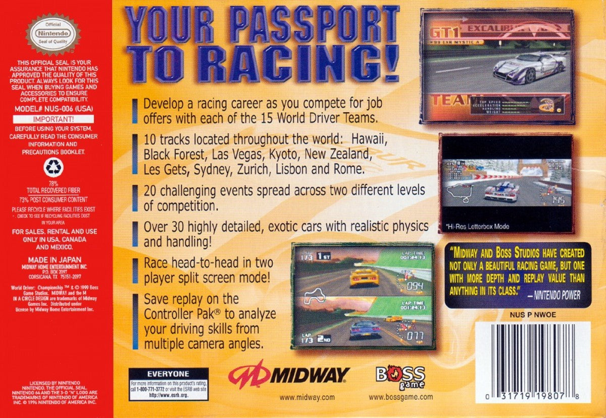 World Driver Championship Nintendo 64 video game featuring realistic arcade racing gameplay licensed cars multiple tracks competitive driving action and classic N64 motorsport title back cover