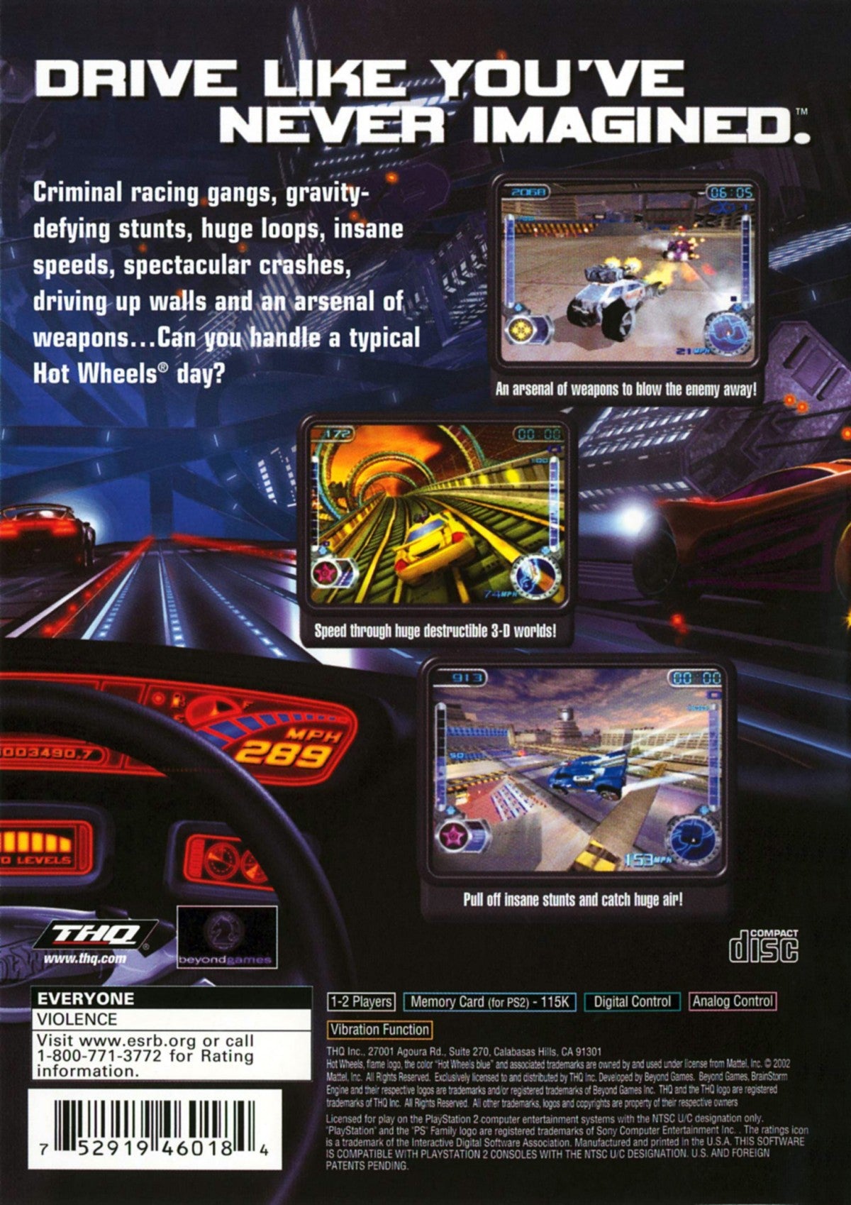 Hot Wheels: Velocity X - Maximum Justice back cover art for PlayStation 2 (PS2) video game