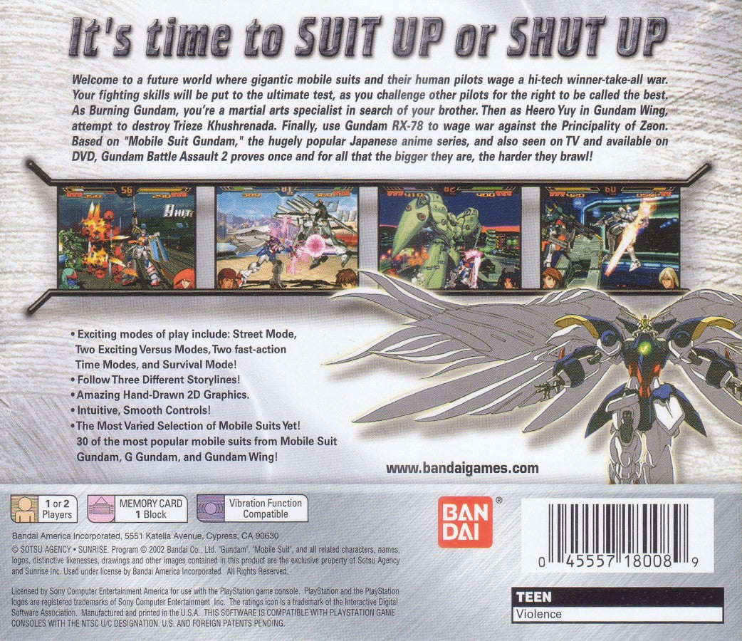 Back cover for Gundam Battle Assault 2 PlayStation 1 game featuring fast-paced 2D fighting action with classic Mobile Suit Gundam characters
