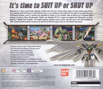 Back cover for Gundam Battle Assault 2 PlayStation 1 game featuring fast-paced 2D fighting action with classic Mobile Suit Gundam characters