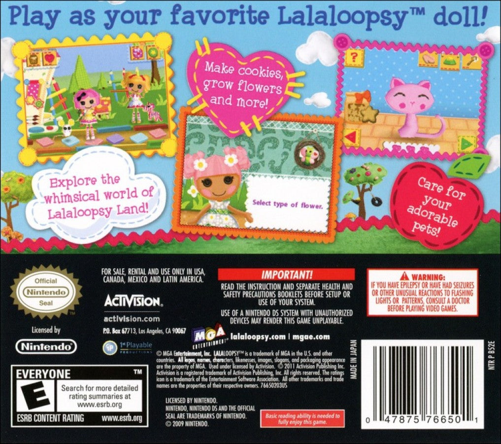 Lalaloopsy Sew Magical Sew Cute for Nintendo DS, back of case for a kids simulation video game with creative mini-games, character customization, dress-up gameplay, and family-friendly activities