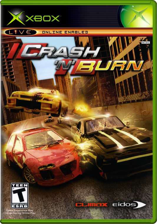 Crash N’ Burn for Xbox featuring high-speed racing and destructive crash action visuals cover art