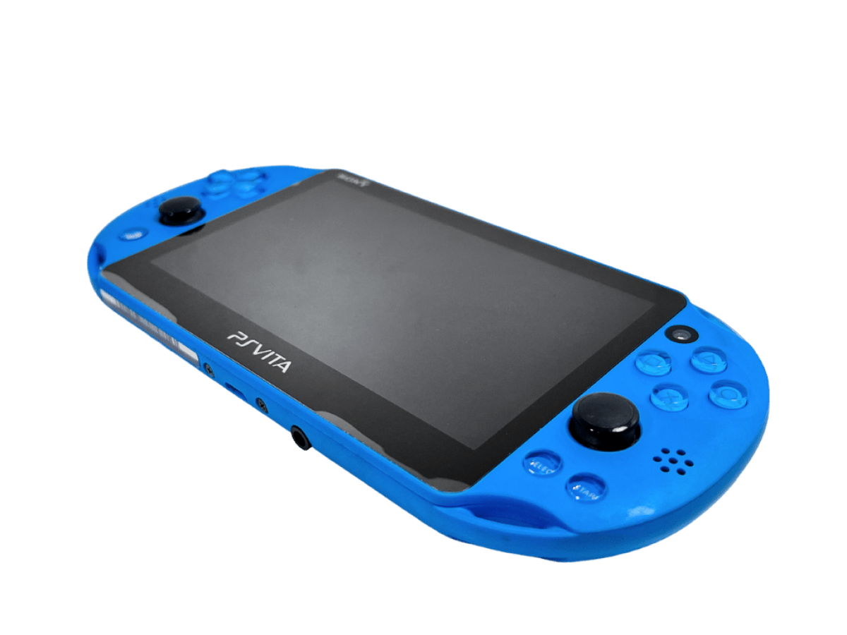 PlayStation Vita 2000 PCH-2000 series Aqua Blue handheld console with OLED screen Wi-Fi connectivity and portable gaming library bottom right view