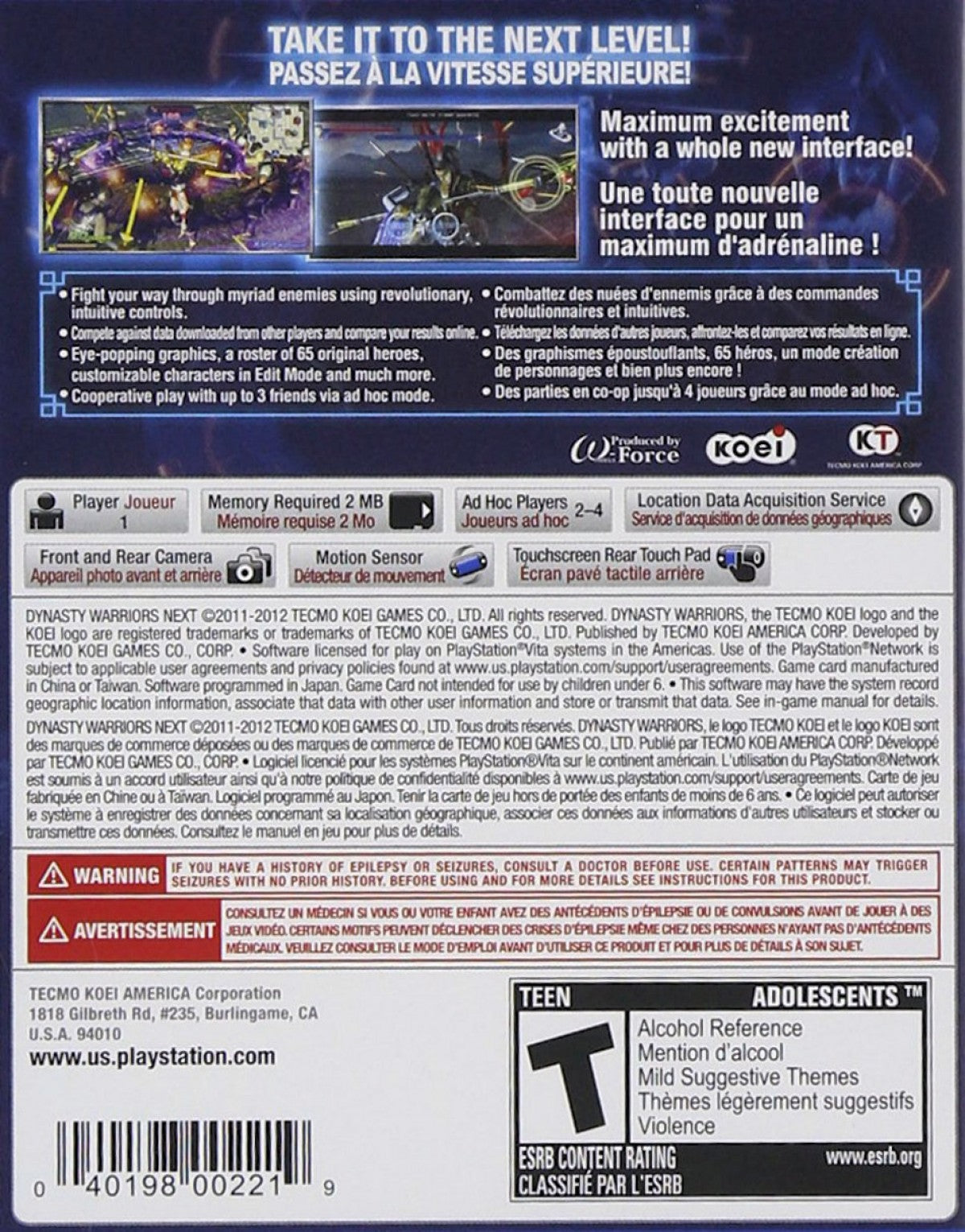 Dynasty Warriors Next for PlayStation Vita (PSV) at Gamers INC, featuring the high-energy "one-versus-thousands" tactical action of the Romance of the Three Kingdoms era, optimized for handheld play with touch-screen duels, motion-controlled special attacks, and a deep Conquest Mode that lets you unite ancient China through epic battlefield combat and strategic territory management back cover