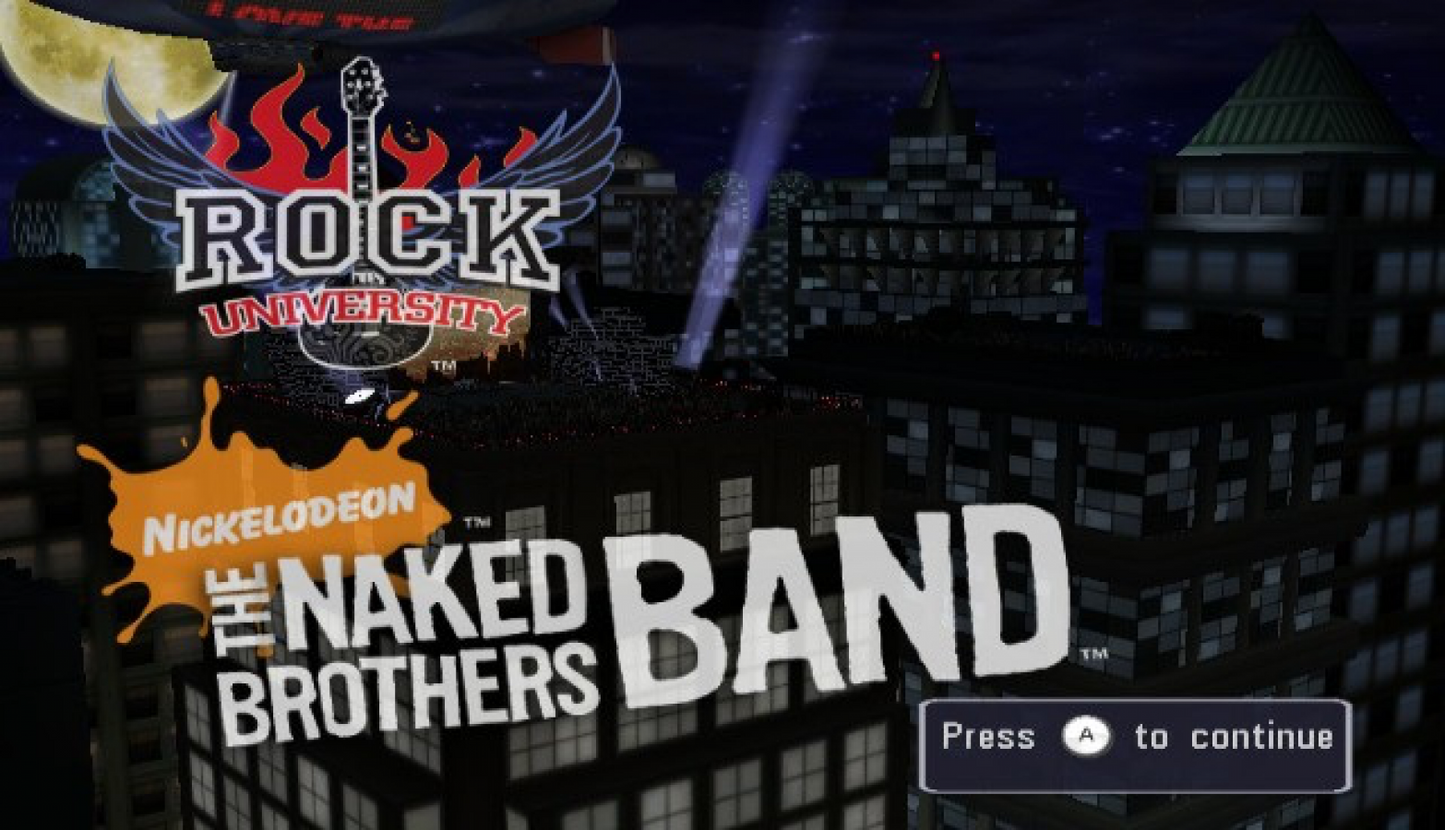 The Naked Brothers Band title screen for Nintendo Wii (Wii) featuring music‑based gameplay with karaoke performances, instrument play, and songs from the Nickelodeon TV series.