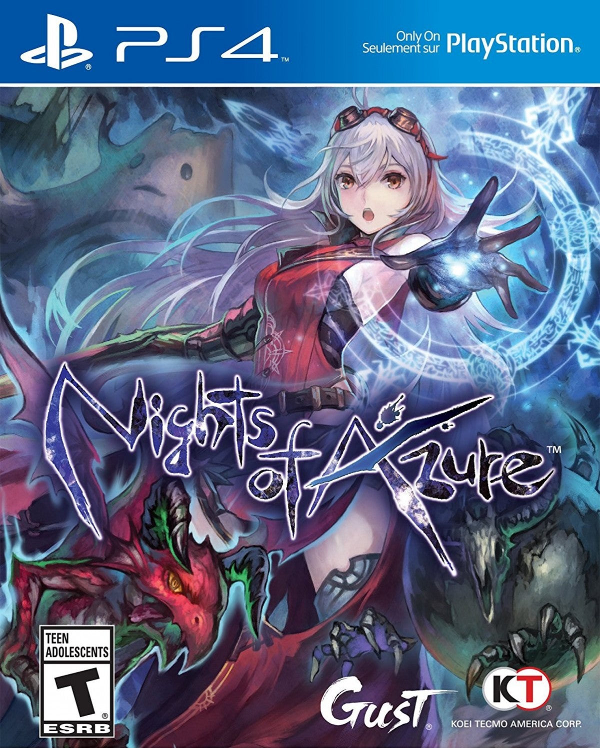 Nights of Azure retro PlayStation 4 video game featuring fantasy action RPG combat, anime style storytelling, supernatural battles and gothic adventure cover art