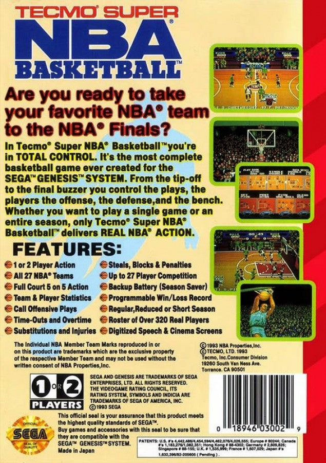 Tecmo Super NBA Basketball back cover art for Sega Genesis (GEN) video game