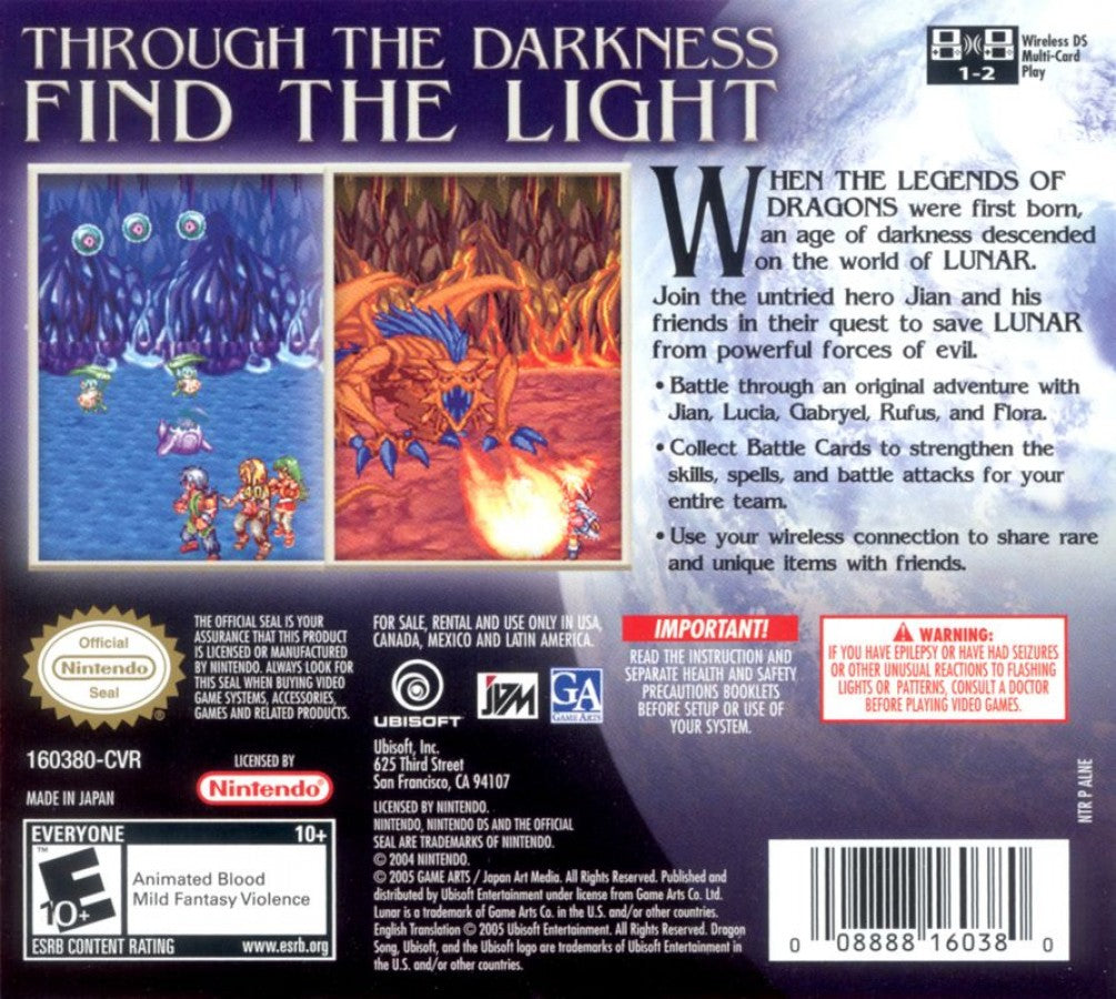 Lunar: Dragon Song back of case for Nintendo DS (DS) fantasy JRPG adventure video game