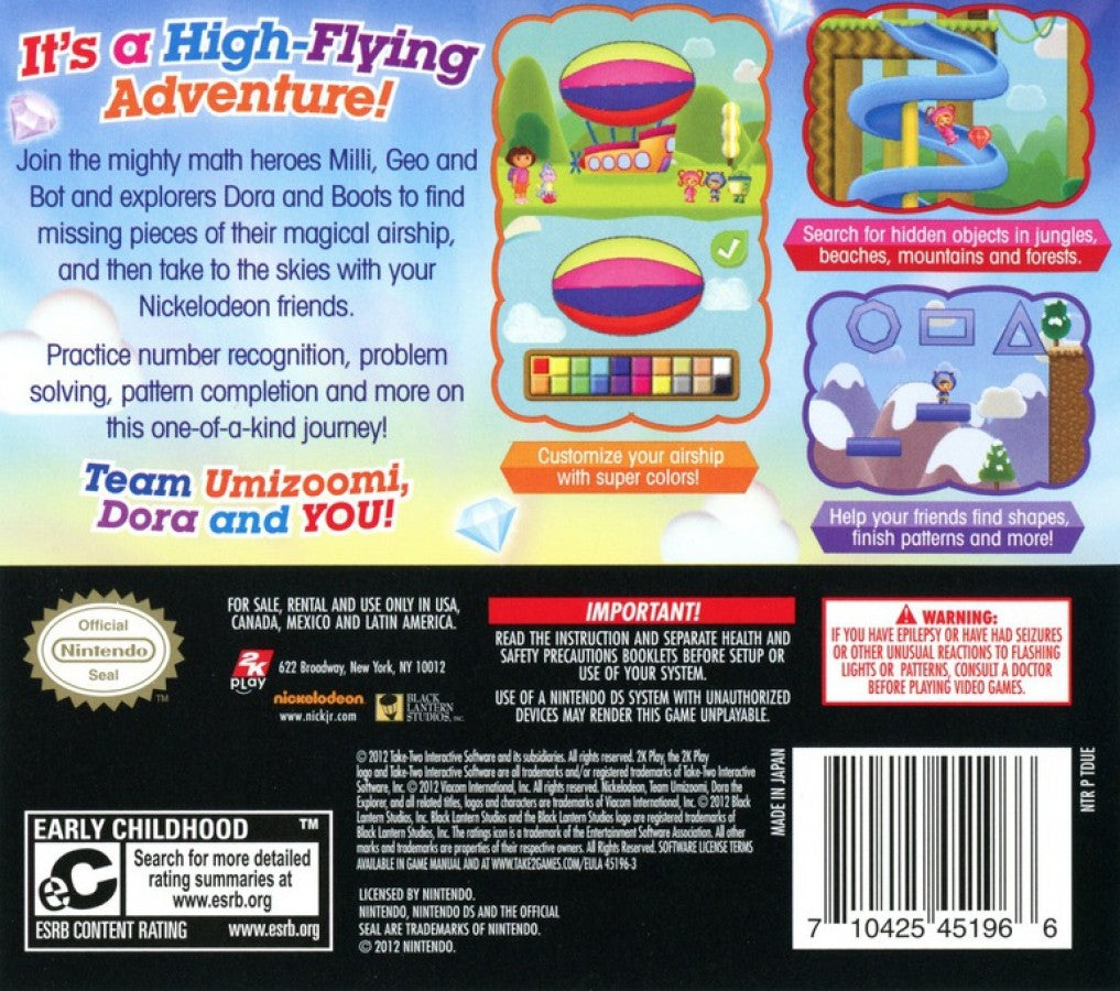 Team Umizoomi & Dora's: Fantastic Flight back of case for Nintendo DS (DS) educational adventure video game