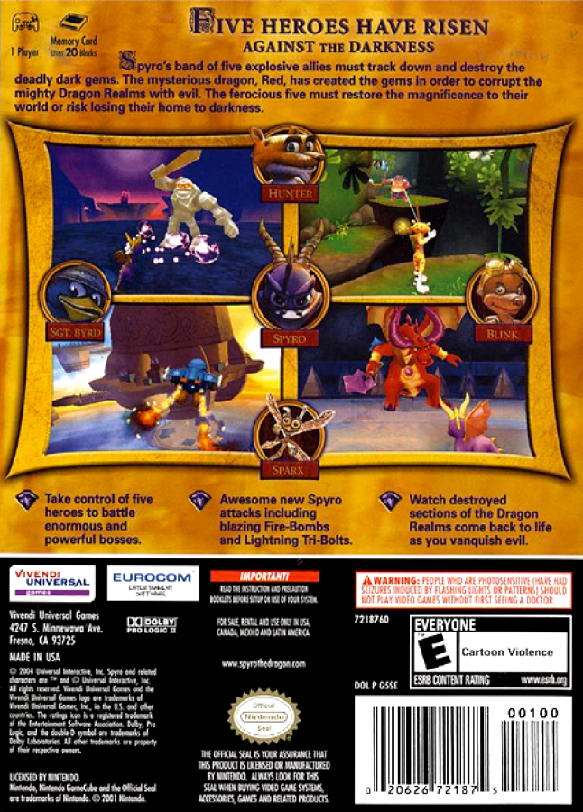 Spyro A Hero's Tail back cover art for Nintendo GameCube (GBC) video game 