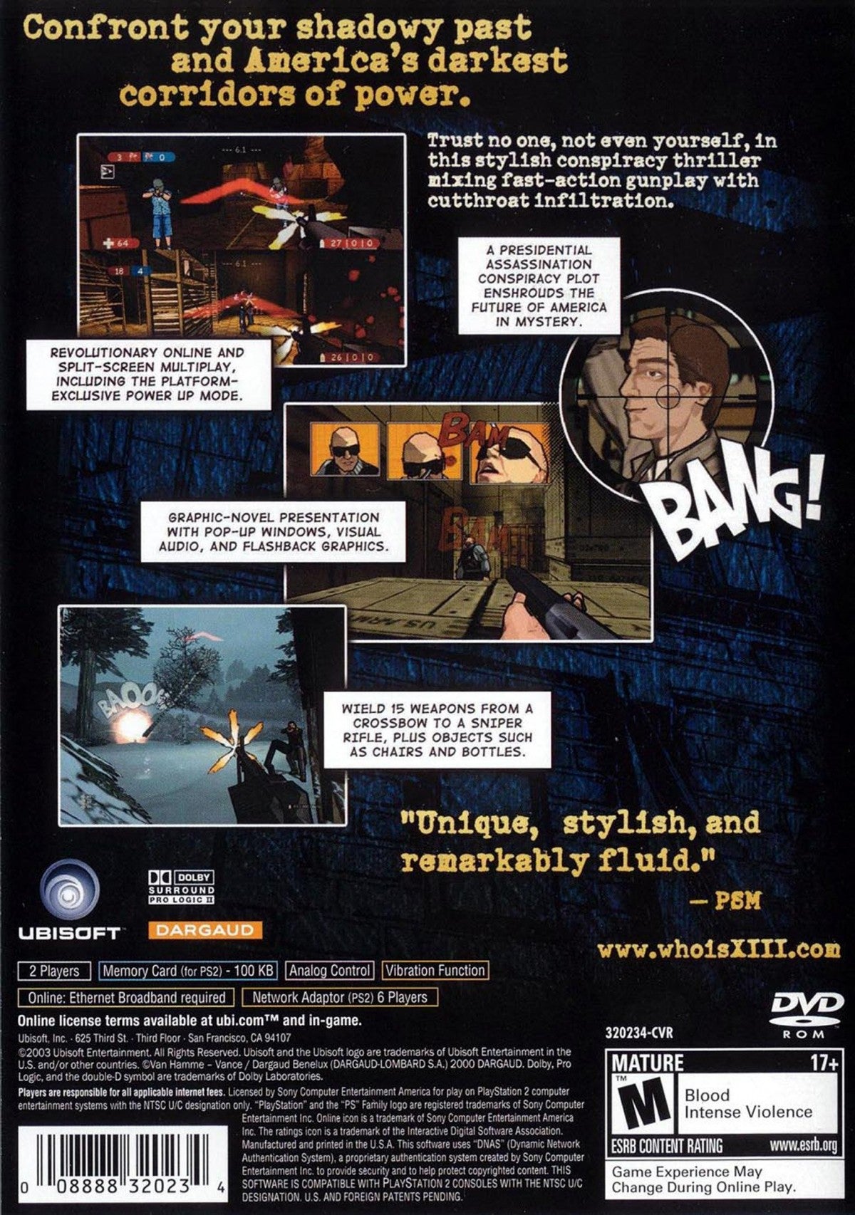 XIII PlayStation 2 PS2 for first person shooter video game fans featuring cel shaded comic book visuals espionage storyline stealth action intense gunfights conspiracy mystery multiplayer modes cinematic storytelling unique graphic novel presentation collectible gaming appeal back cover art