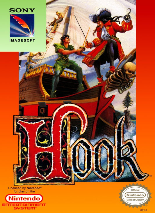 Hook NES Nintendo Entertainment System action platformer movie tie in Peter Pan Captain Hook side scrolling gameplay sword combat platforming adventure Sony Imagesoft retro 8 bit gaming cartridge video game title cover art 