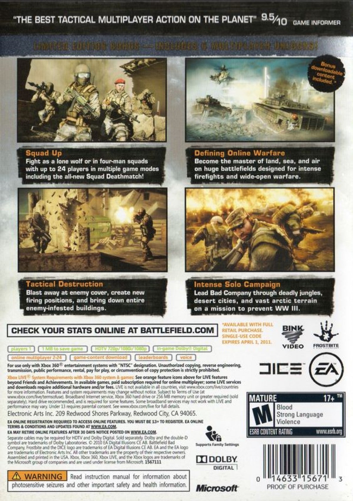 Battlefield: Bad Company 2 Limited Edition for Xbox 360 with modern combat and explosive action theme back cover