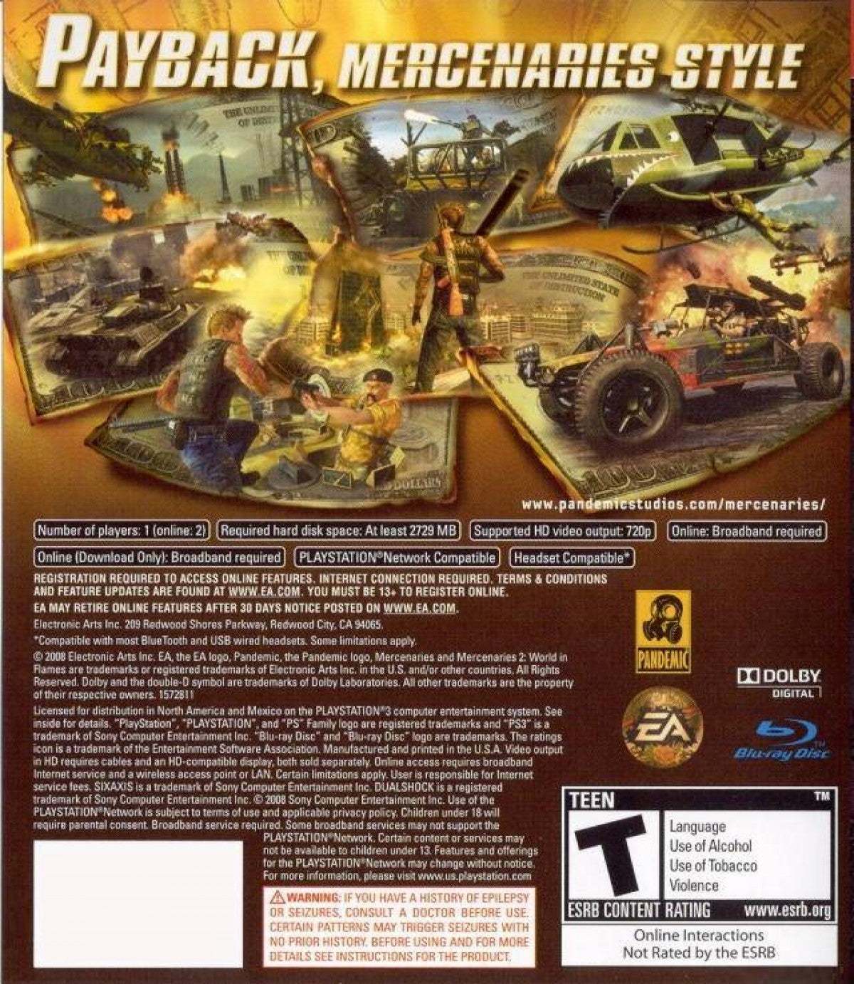 Mercenaries 2 World in Flames PlayStation 3 PS3 video game, open-world action shooter, destructible environments, military sandbox back cover