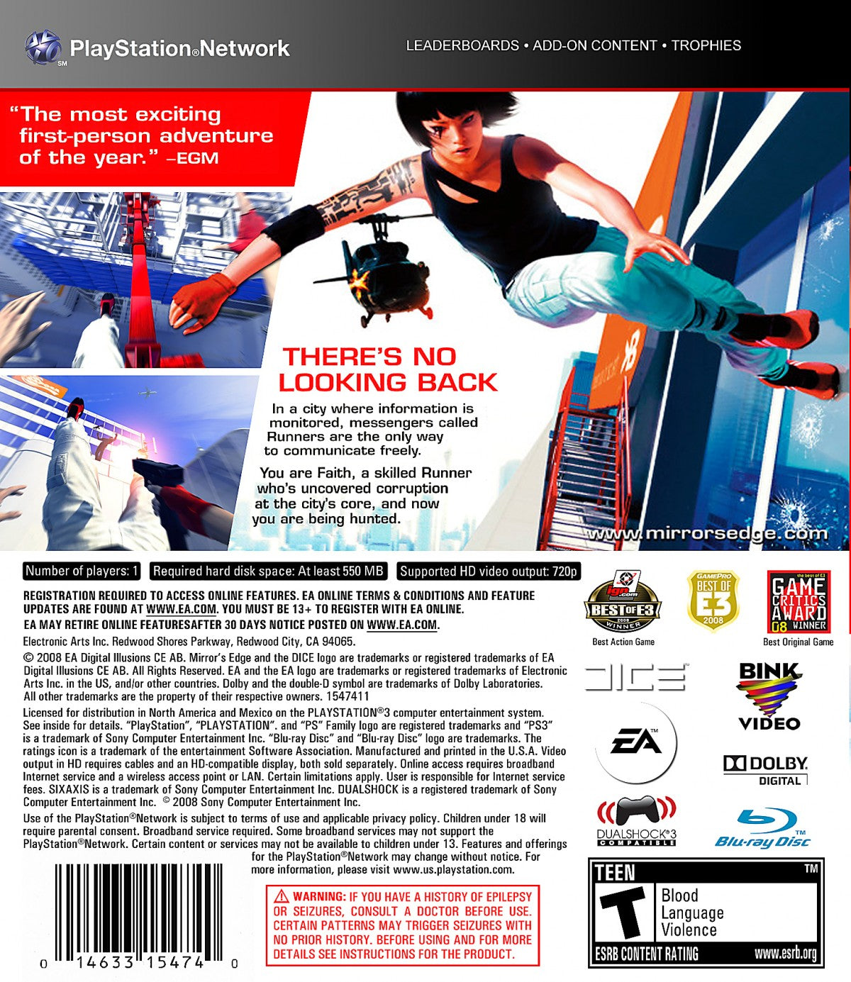 Mirror's Edge PlayStation 3 first-person action-adventure parkour free-running game dystopian city time trials first-person platformer back cover