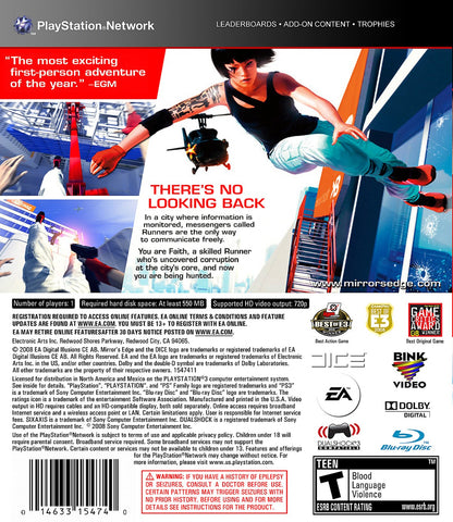 Mirror's Edge PlayStation 3 first-person action-adventure parkour free-running game dystopian city time trials first-person platformer back cover