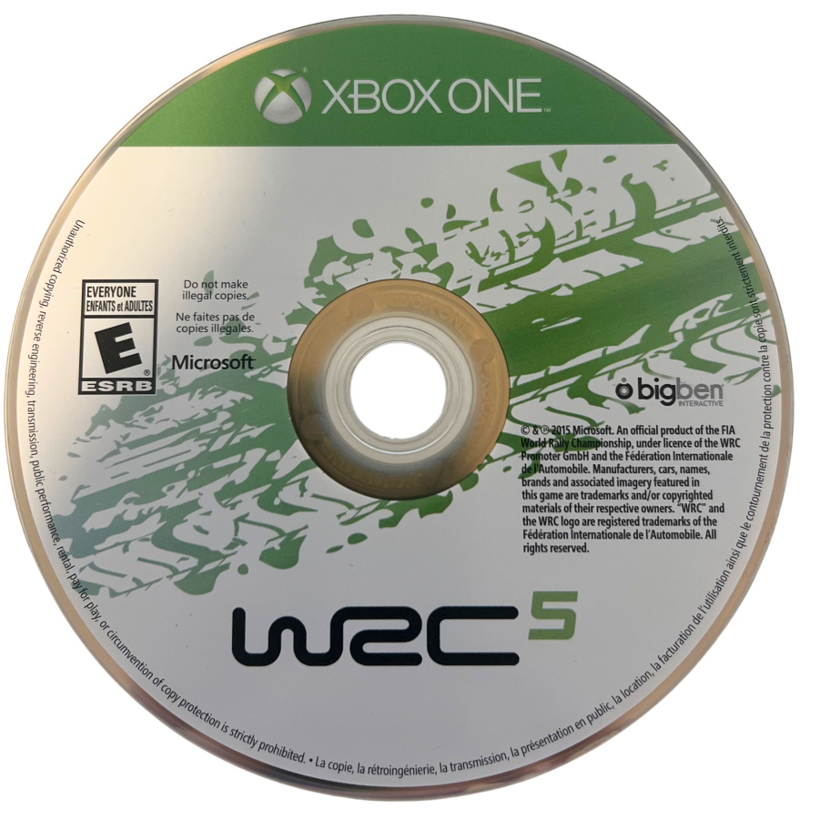 WRC 5 for Xbox One, disc image for a rally racing simulation sports video game