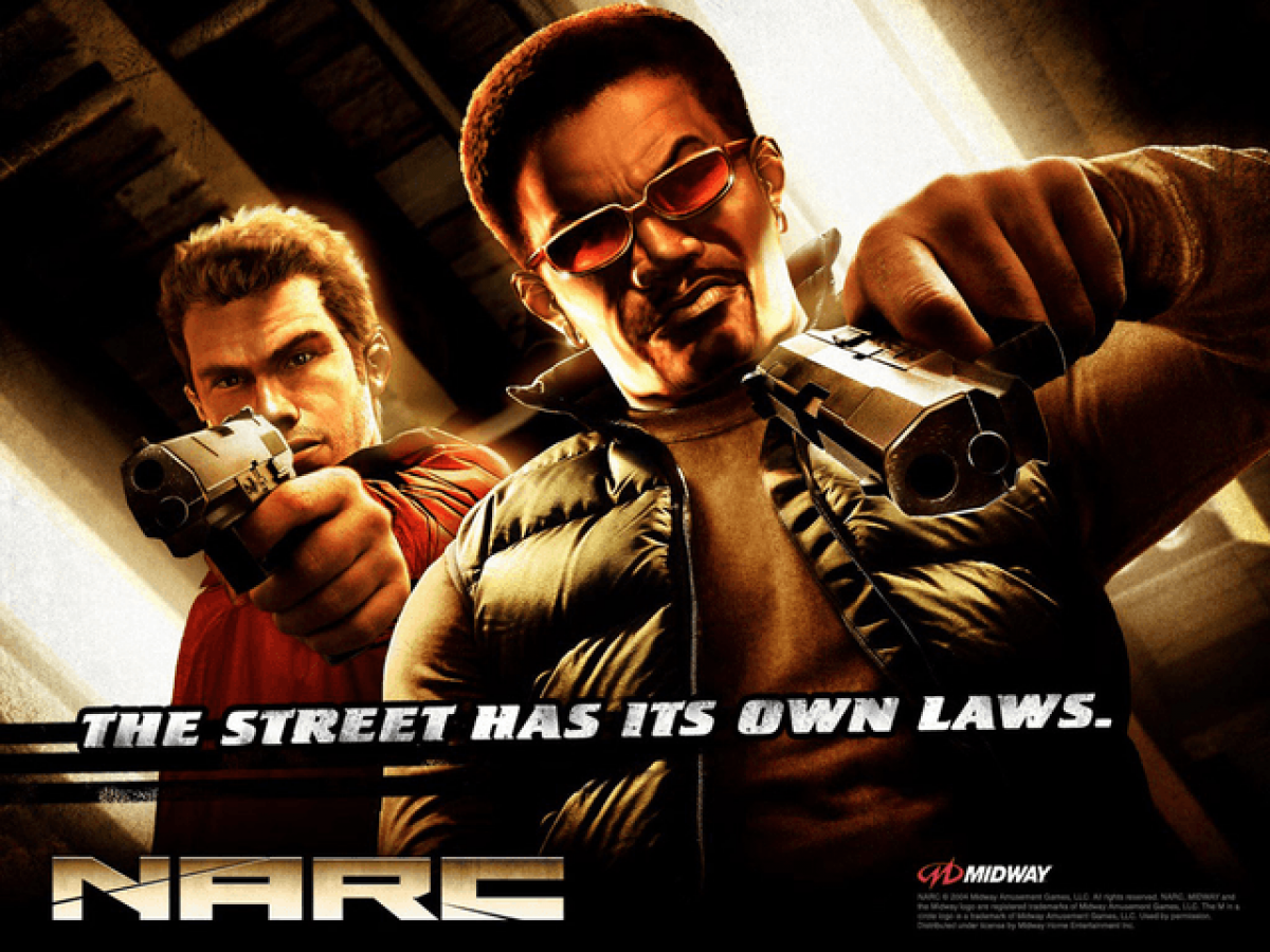 NARC for Xbox (Xbox) title screen, action shooter video game.