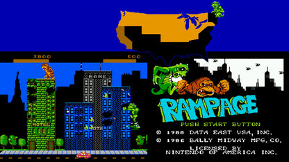 Rampage Nintendo Entertainment System NES arcade-style action video game featuring giant monsters smashing buildings battling military forces climbing skyscrapers destroying cities and classic Nintendo Entertainment System NES gameplay collectible retro gaming appeal gameplay