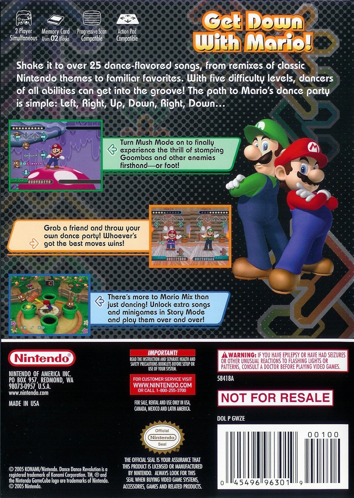 Back cover for Dance Dance Revolution Mario Mix GameCube GC video game, rhythm and music, dance gameplay, multiplayer, family-friendly, Nintendo GameCube 