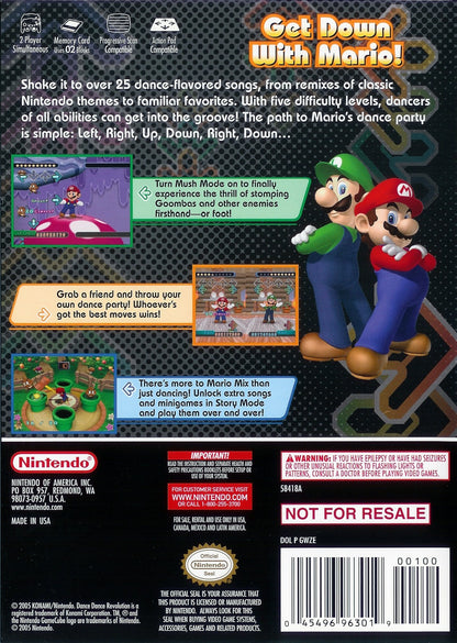 Back cover for Dance Dance Revolution Mario Mix GameCube GC video game, rhythm and music, dance gameplay, multiplayer, family-friendly, Nintendo GameCube 