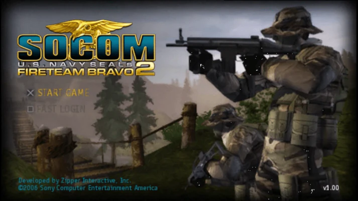 Retro SOCOM US Navy SEALs Fireteam Bravo 2 Greatest Hits PSP inspired design featuring tactical military shooter aesthetic vintage PlayStation Portable special operations combat squad based missions stealth warfare online multiplayer action realistic battlefield gameplay nostalgic handheld shooter presentation gameplay  