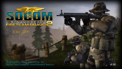 Retro SOCOM US Navy SEALs Fireteam Bravo 2 Greatest Hits PSP inspired design featuring tactical military shooter aesthetic vintage PlayStation Portable special operations combat squad based missions stealth warfare online multiplayer action realistic battlefield gameplay nostalgic handheld shooter presentation gameplay  