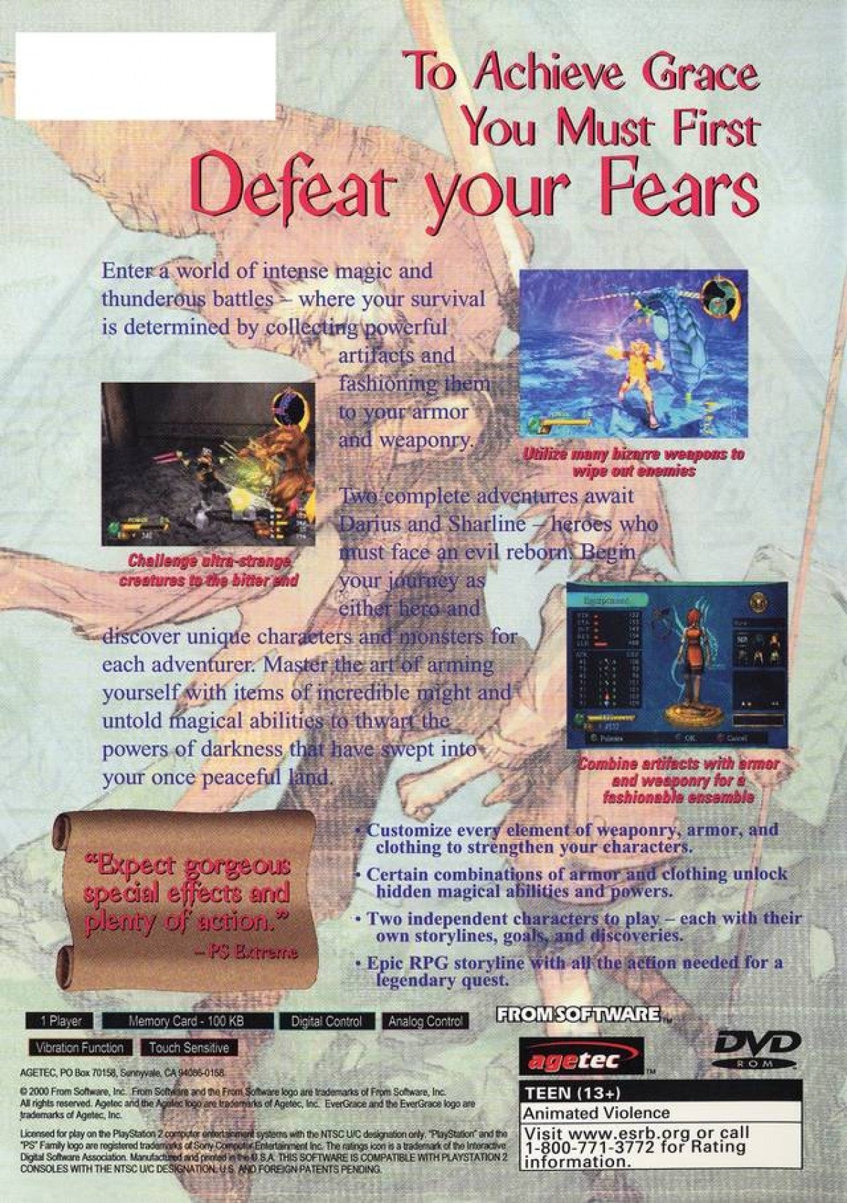 Evergrace PlayStation 2 PS2 action role playing video game featuring fantasy adventure exploration real-time combat character customization magical abilities challenging enemies mysterious environments dungeon exploration and classic PlayStation 2 PS2 gameplay collectible retro gaming appeal back cover art
