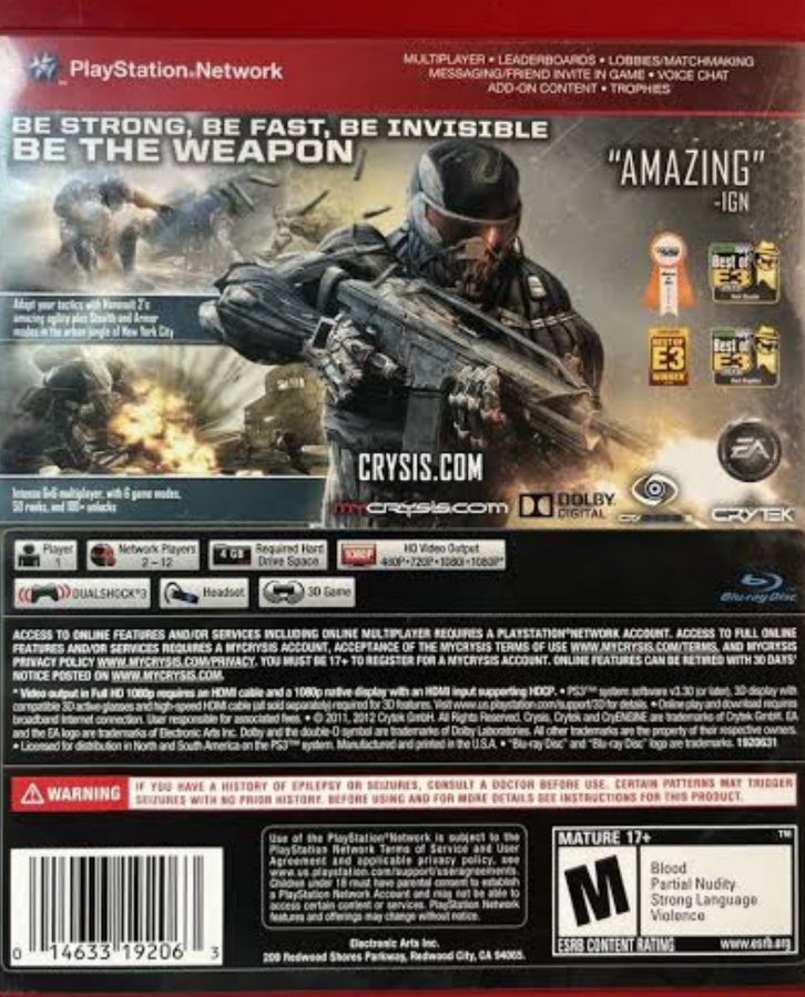 Crysis 2 Greatest Hits PlayStation 3 PS3 for retro video game enthusiasts featuring first person shooter gameplay futuristic nanosuit abilities stealth and combat mechanics urban sci fi warfare cinematic campaign missions and collectible gaming appeal back cover