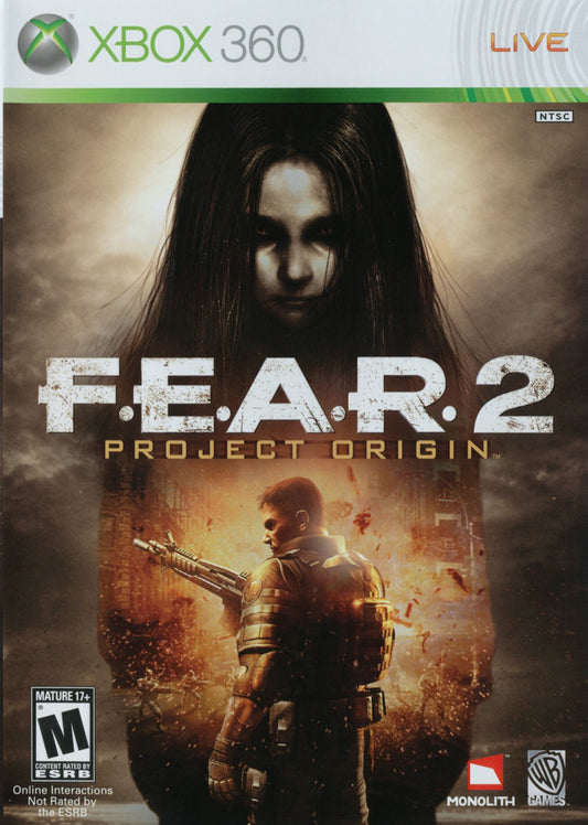 F E A R 2 Project Origin for Xbox 360 first person shooter survival horror video game featuring intense supernatural combat psychological terror cinematic storytelling and dark atmospheric gameplay experience cover art
