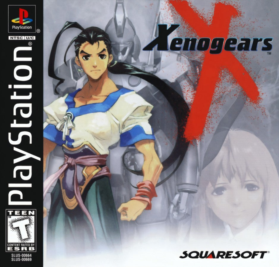 Xenogears for PlayStation 1 Japanese role playing game featuring turn based combat mech battles epic story anime inspired visuals and exploration gameplay cover art