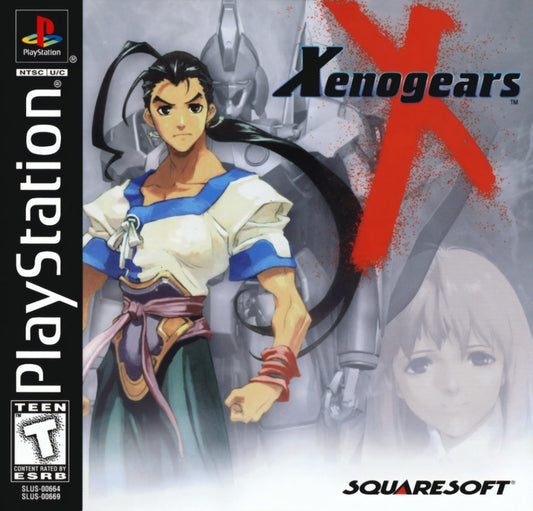Xenogears for PlayStation 1 Japanese role playing game featuring turn based combat mech battles epic story anime inspired visuals and exploration gameplay cover art
