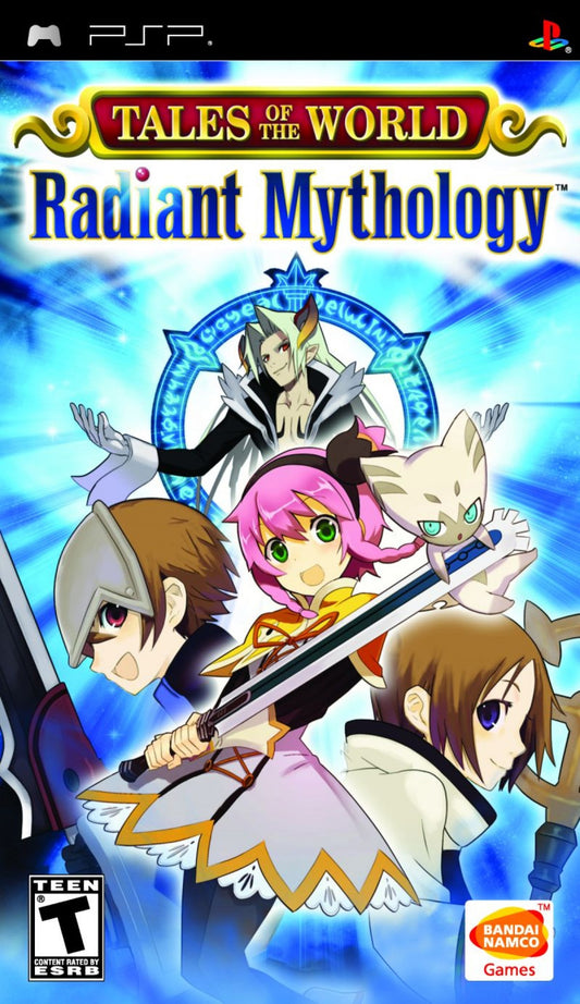 Tales of the World Radiant Mythology PlayStation Portable PSP for retro video game enthusiasts featuring fantasy action role playing gameplay real time combat character customization party based adventures expansive world exploration iconic Tales series characters and collectible gaming appeal front cover 