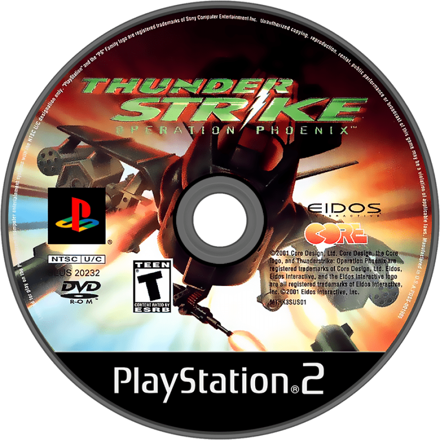 Thunderstrike: Operation Phoenix – PlayStation 2 (PS2) video game disc, aerial combat action.