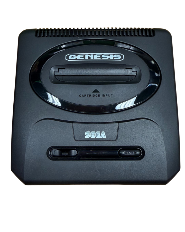 Top front view of a Sega Genesis Mini 2 console showing the top surface, controller ports, power button, and logo from a slightly angled perspective.