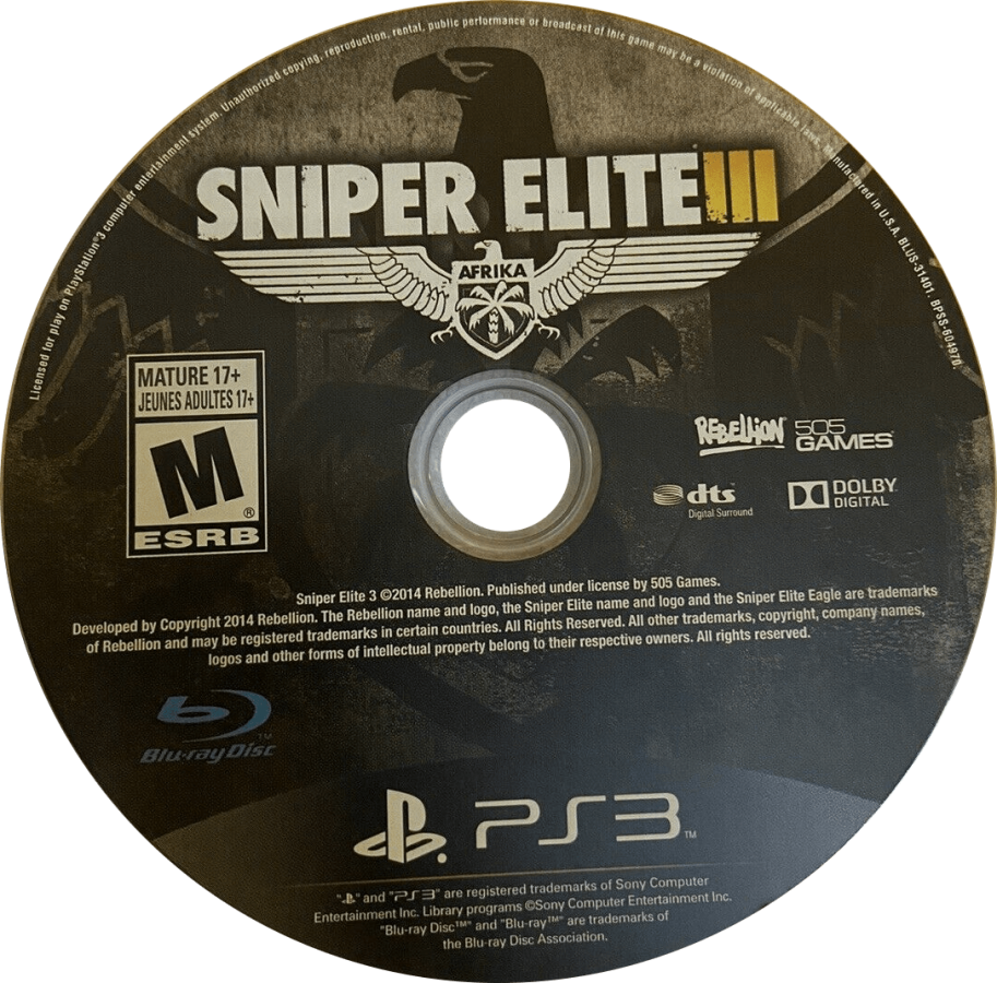 Sniper Elite III disc art for PlayStation 3 (PS3) video game