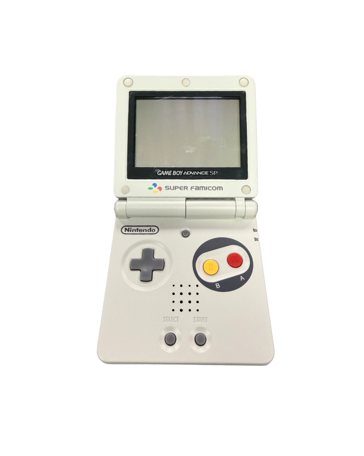 Game Boy Advance SP Super Famicom shell handheld gaming system featuring a custom Super Famicom inspired shell design with a frontlit clamshell screen rechargeable battery and compatibility with Game Boy Advance and Game Boy Color games