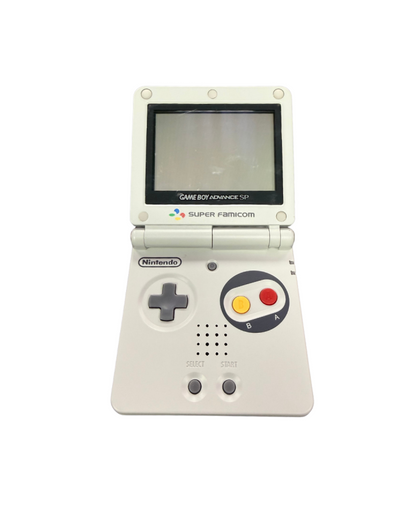 Game Boy Advance SP Super Famicom shell handheld gaming system featuring a custom Super Famicom inspired shell design with a frontlit clamshell screen rechargeable battery and compatibility with Game Boy Advance and Game Boy Color games