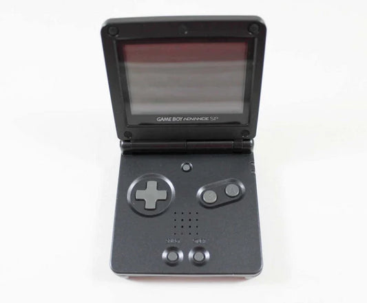 Game Boy Advance SP Onyx Black AGS 001 handheld console featuring a black clamshell design with frontlit screen rechargeable battery compact foldable form factor and compatibility with Game Boy Advance and Game Boy Color games
