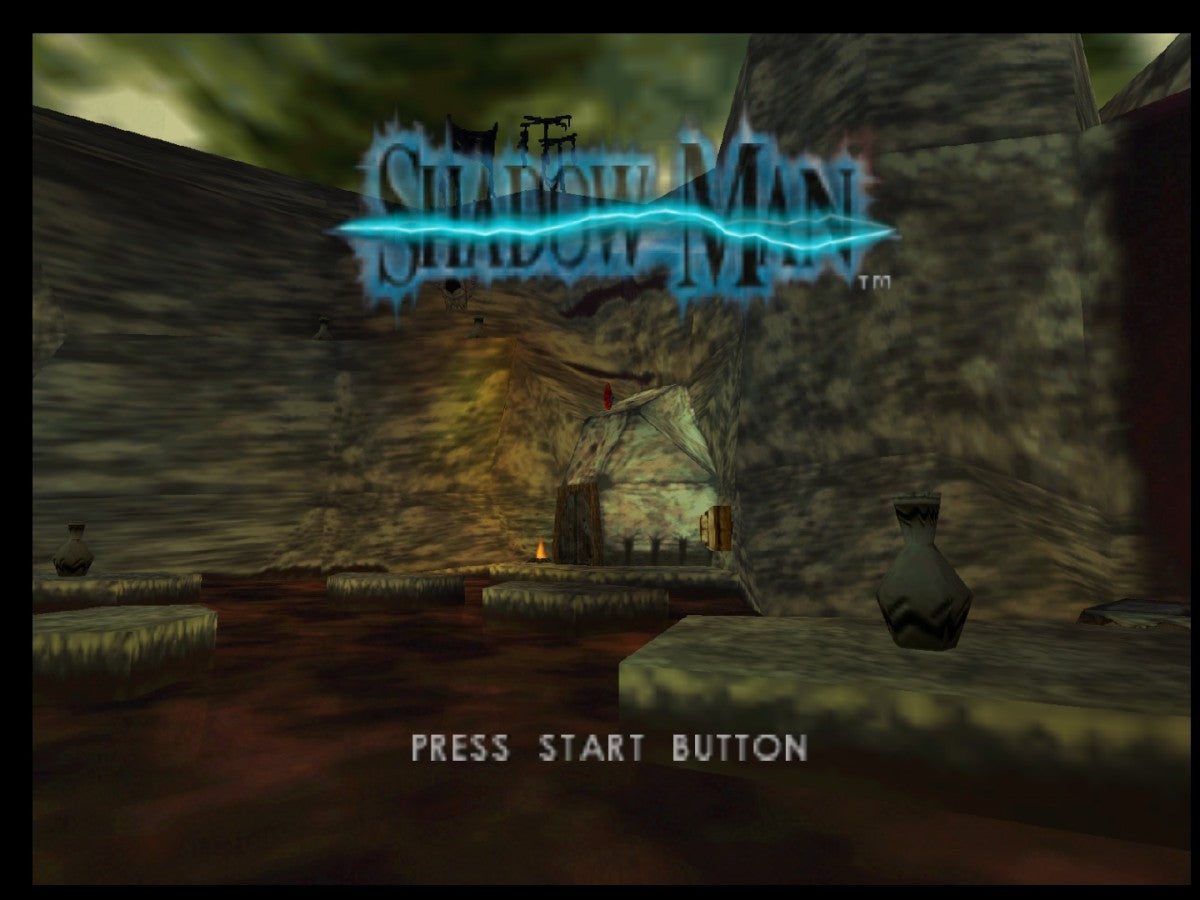 Shadow Man Nintendo 64 N64 video game, game only cartridge, dark action adventure, horror-themed gameplay, classic console title main menu title screen