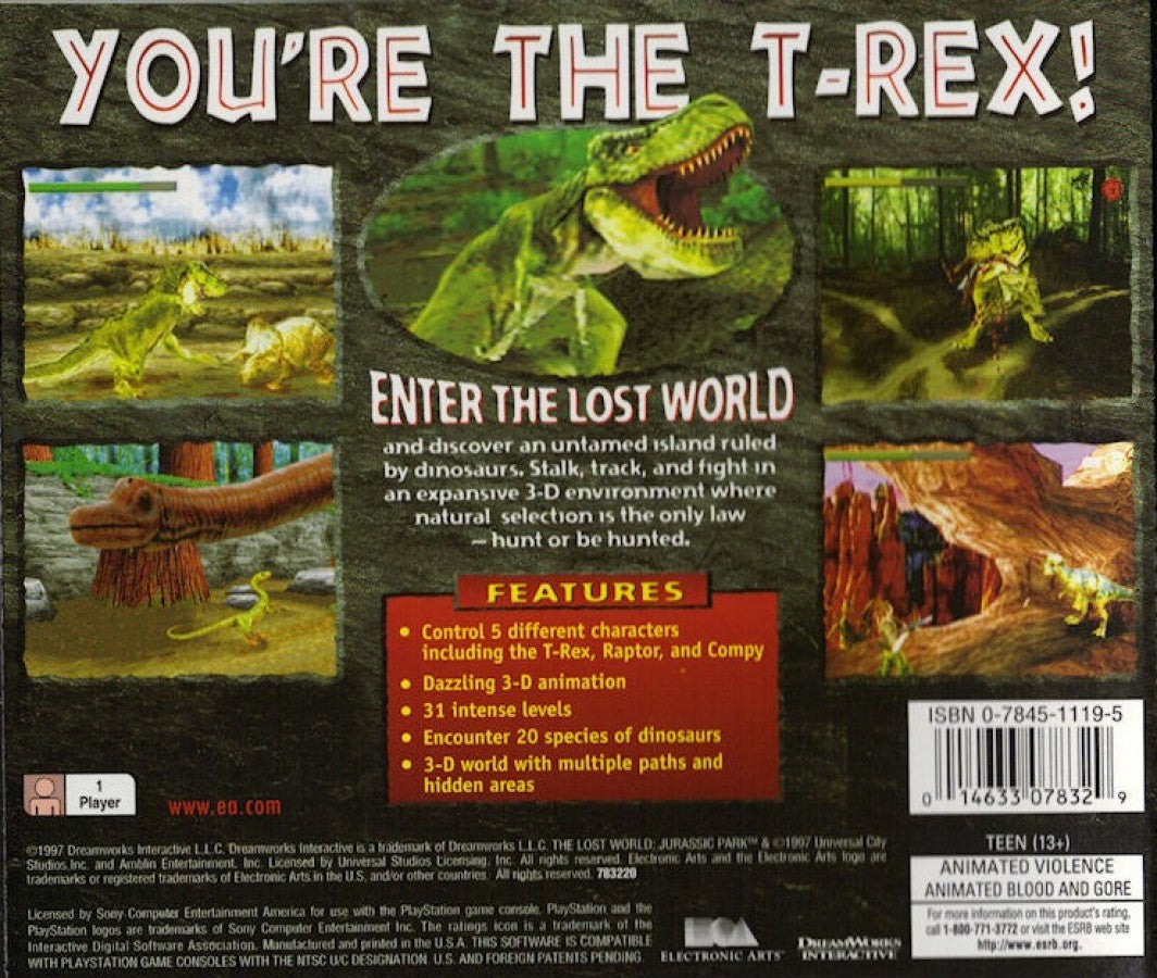 The Lost World: Jurassic Park game for the PlayStation featuring action gameplay set in the Jurassic Park universe with dinosaur encounters multiple playable characters and mission based objectives across island environments inspired by the film series back cover  
