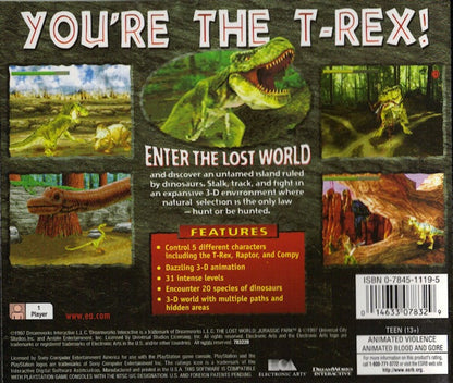 The Lost World: Jurassic Park game for the PlayStation featuring action gameplay set in the Jurassic Park universe with dinosaur encounters multiple playable characters and mission based objectives across island environments inspired by the film series back cover  