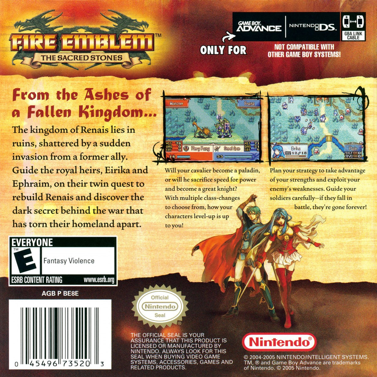 Fire Emblem: The Sacred Stones cartridge for the Game Boy Advance featuring tactical RPG gameplay with grid based battles character recruitment permadeath mechanics and a fantasy storyline set in the continent of Magvel back cover art