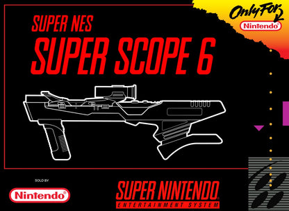 Super Scope 6 Super Nintendo Entertainment System SNES shooting gallery video game compilation featuring LazerBlazer Blastris and missile commands sub-games Konami pack-in title front box cover