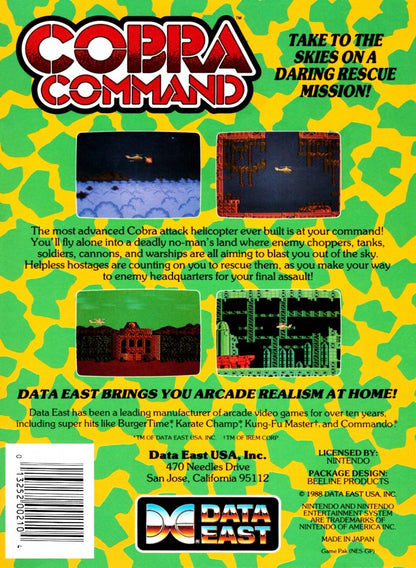 Cobra Command Nintendo Entertainment System NES video game featuring helicopter combat gameplay aerial missions enemy attacks military action explosive battles strategic targeting and classic 8 bit gameplay retro video game collection collectible gaming appeal back cover art