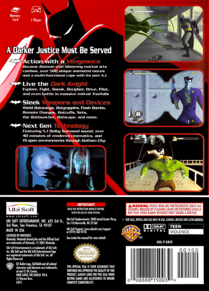 Batman Vengeance for GameCube featuring action adventure gameplay inspired by the animated series back cover