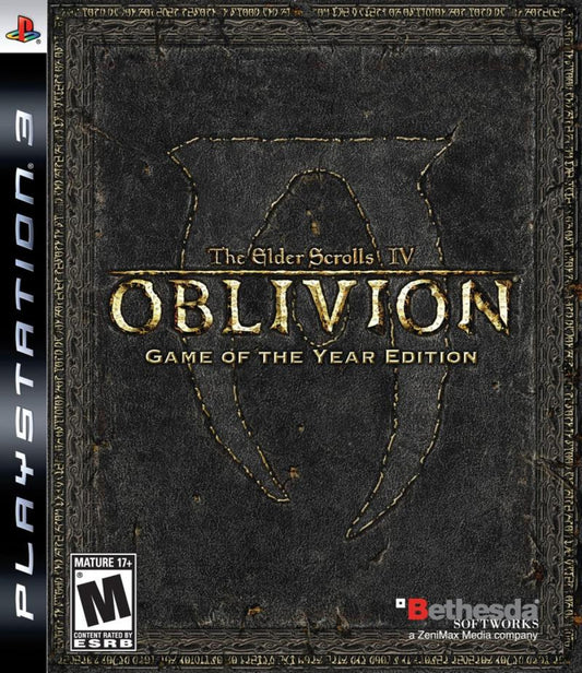 Elder Scrolls IV Oblivion Game of the Year Edition PlayStation 3 open-world action RPG Bethesda massive fantasy realm Cyrodiil first-person or third-person combat character creation guilds factions Mages Guild Fighters Guild Dark Brotherhood Thieves Guild main quest Oblivion gates Mehrunes Dagon Shivering Isles expansion Knights of the Nine expansion hundreds of hours exploration dungeon crawling spellcasting swordplay enchanting alchemy NPC interactions radiant AI front cover