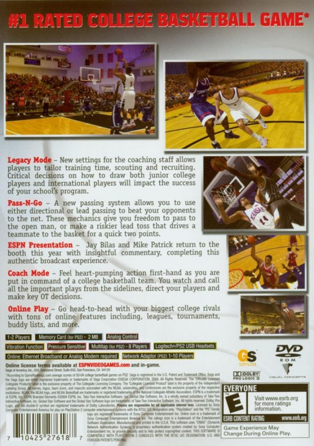ESPN College Hoops 2K5 back of case for PlayStation 2 (PS2) college basketball sports simulation video game