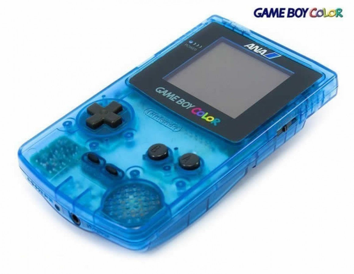Game Boy Color GBC handheld console, custom blue clear shell, portable Nintendo system, retro gaming, scratch and scuff cosmetic condition laying down corner shot view